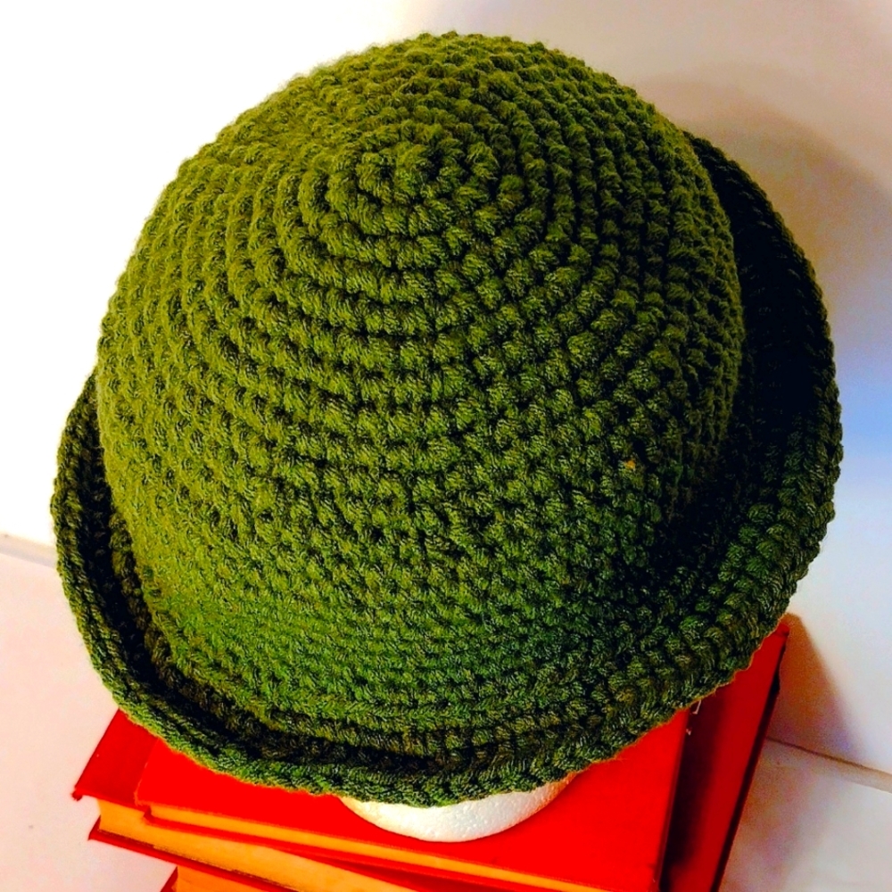 New Handmade Crocheted Non-wool Olive Green Derby Hat XL - Picture 6 of 9
